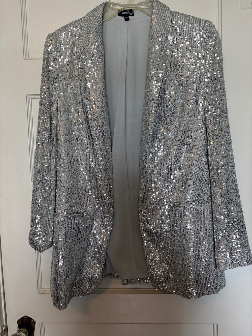 Express Silver Sequin Long-Sleeve Open Front Blazer Size S